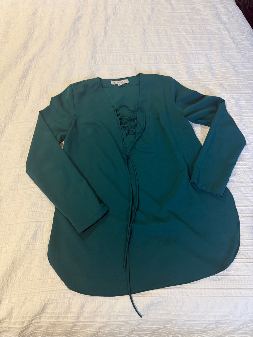 Amanda U XS Petite Lace-Up V-Neck Long Sleeve Top - Teal